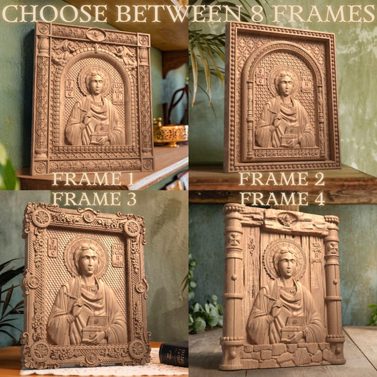 Saint Pantaleon Wooden Carved Handcrafted Christian Religious Icon. Byzantine Home Wall Art Decor Gift. Orthodox Greek Woodcarving Sculpture.