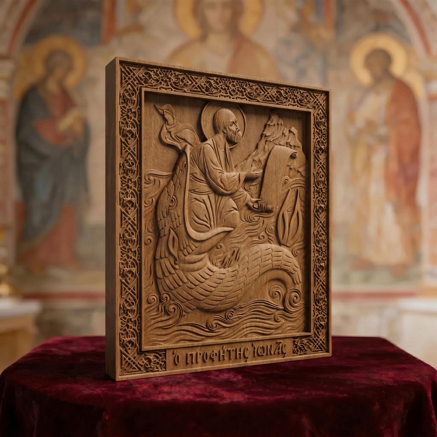 Prophet Jonah Wooden Carved Handmade Christian Icon. Byzantine Greek Orthodox Home Decor.
