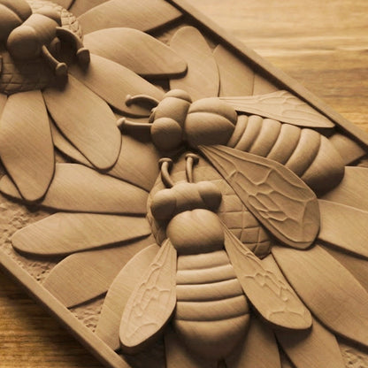 Bees Panel Handmade Wooden Carving. Home Gift Wall Art Nature Decor.