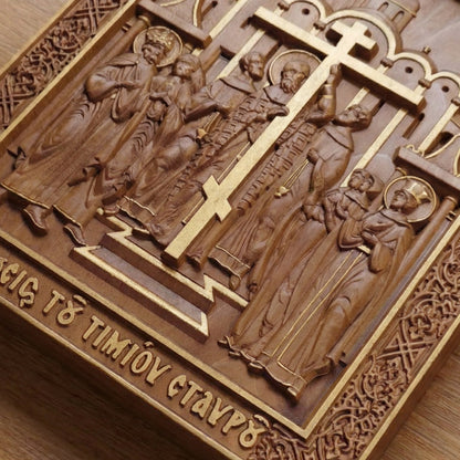 The Elevation of the Holy Cross Wooden Carved Handcrafted Christian Religious Icon. Byzantine Home Wall Art Decor Gift. Orthodox Greek Woodcarving Sculpture.