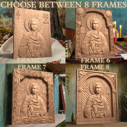 Saint Pantaleon Wooden Carved Handcrafted Christian Religious Icon. Byzantine Home Wall Art Decor Gift. Orthodox Greek Woodcarving Sculpture.