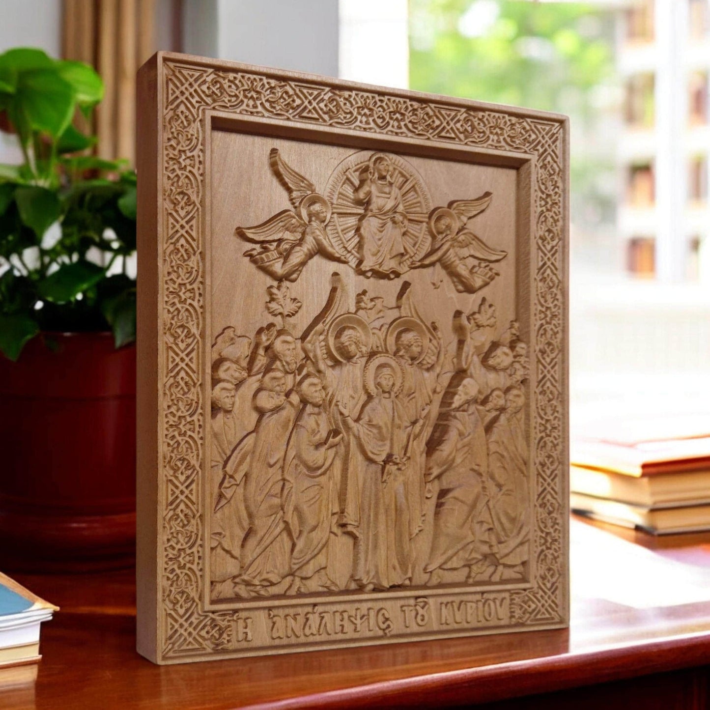 Ascension of Jesus Wooden Carved Handmade Christian Icon. Byzantine Greek Orthodox Home Art Decor.