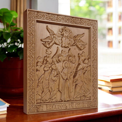 Ascension of Jesus Wooden Carved Handmade Christian Icon. Byzantine Greek Orthodox Home Art Decor.