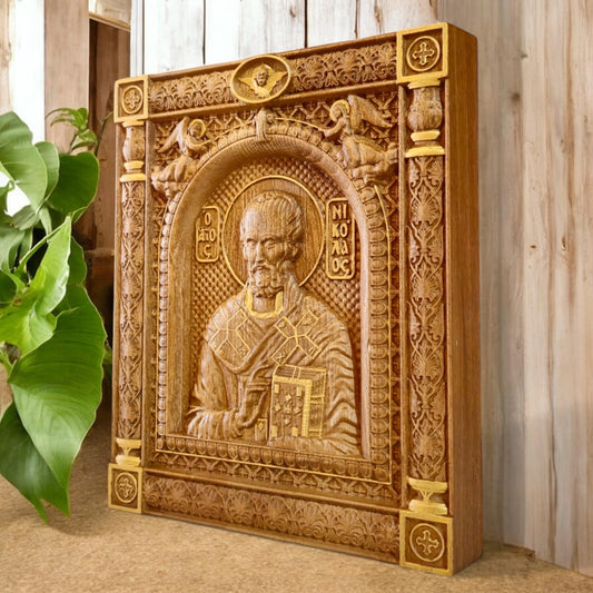 Saint Nicholas Wooden Carved Handcrafted Christian Religious Icon. Byzantine Home Wall Art Decor Gift. Orthodox Greek Woodcarving Sculpture.