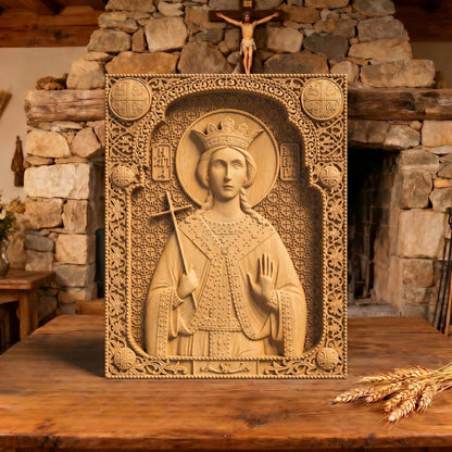 Saint Barbara Wooden Carved Handmade Christian Icon Patron Saint of Artillerymen Cretan Holy Carvings