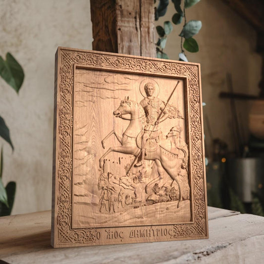 Saint Demetrius of Thessaloniki Wooden Carved Handcrafted Christian Religious Icon. Byzantine Home Wall Art Decor Gift. Orthodox Greek Woodcarving Sculpture.