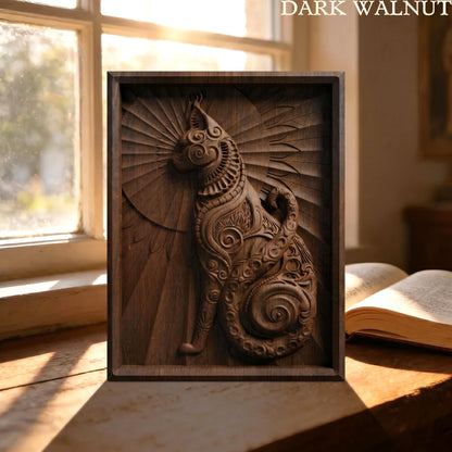 Cat Tribal Framed Bas Relief | Wooden Cat Carving | Sculptural Gift Idea