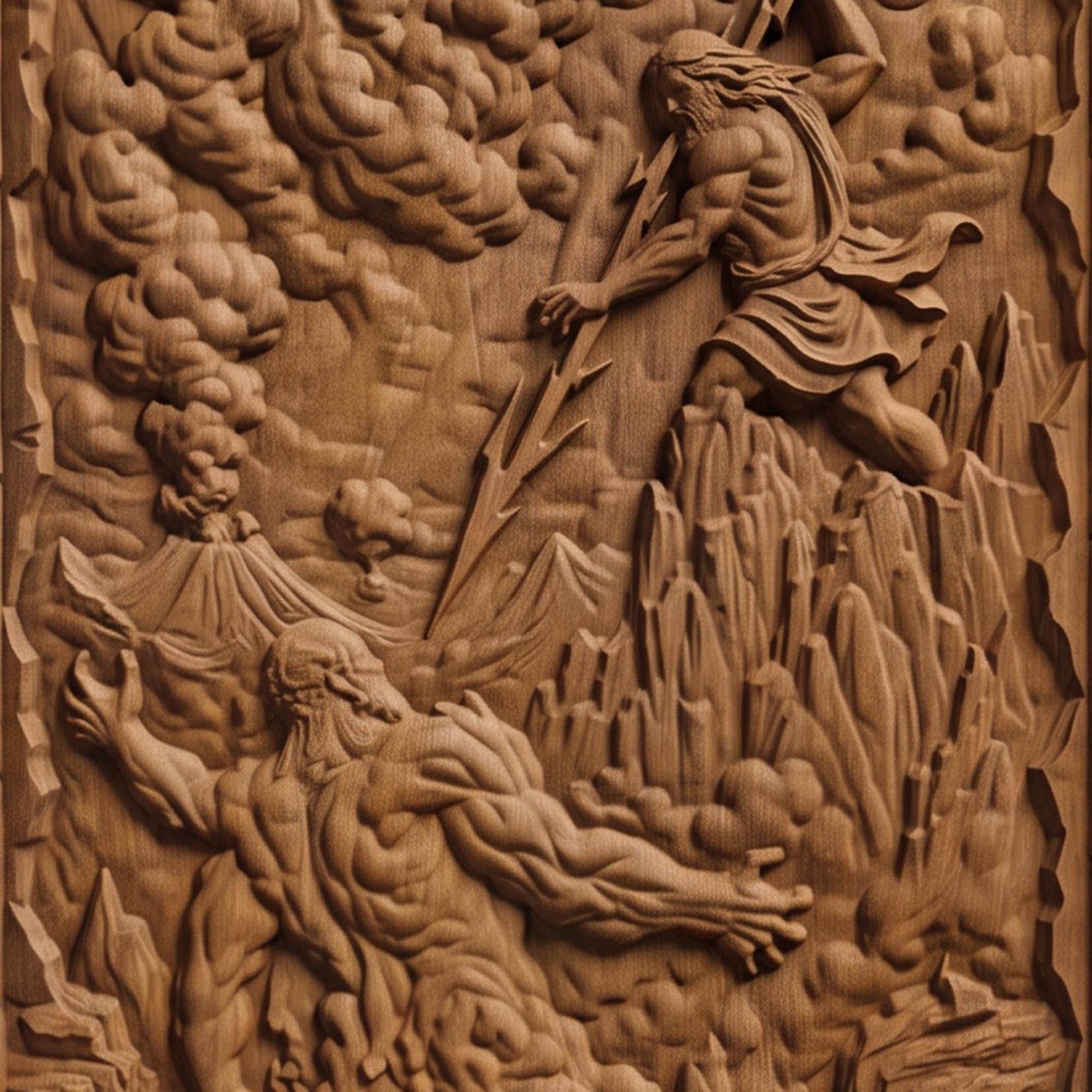 Zeus vs Lava Titan from Ancient Greek Mythology 3D Wooden Bas Relief Panel Art Sculptural Gift Idea Cretan Holy Carvings