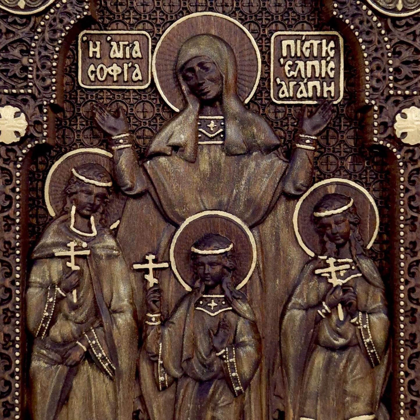 Saints Sophia Faith Hope Love Wooden Carved Handmade Christian Icon. Byzantine Greek Orthodox Decor.