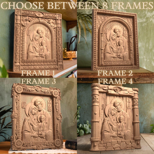 Holy Family Wooden Carved Handcrafted Christian Religious Icon. Byzantine Home Wall Art Decor Gift. Orthodox Greek Woodcarving Sculpture.