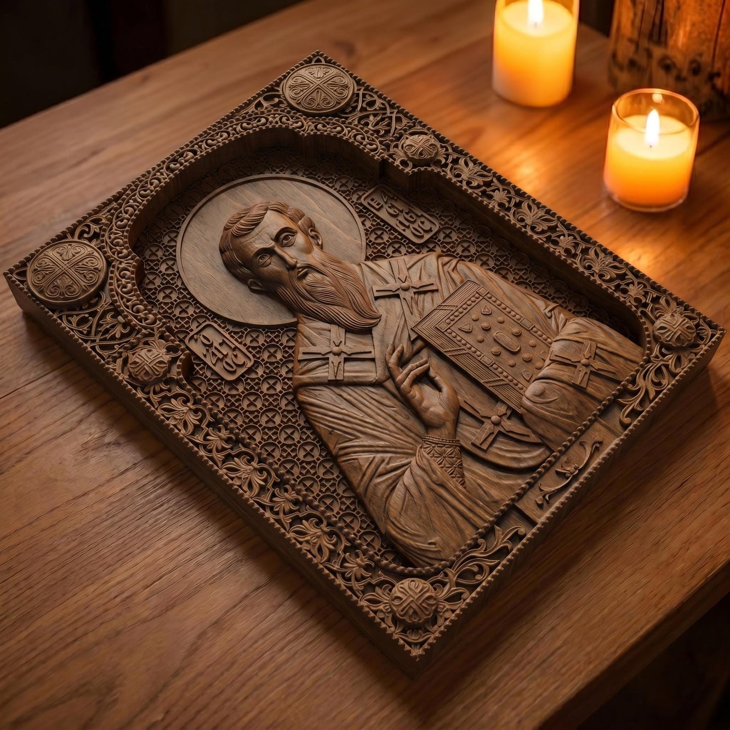 Saint Basil the Great Wooden Carved Handmade Christian Icon Patron Saint of the Poor Flat Side Brown Oak Cretan Holy Carvings