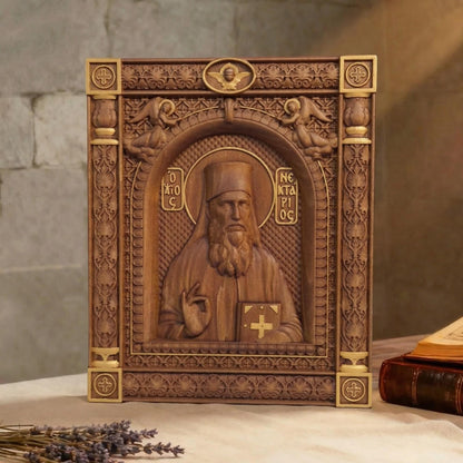 Saint Nektarios of Aegina Wooden Carved Handmade Christian Icon. Byzantine Greek Orthodox Home Decor.