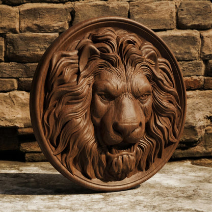 Lion Head in Plate Framed Bas Relief | Wooden Lion Carving | Sculptural Gift Idea