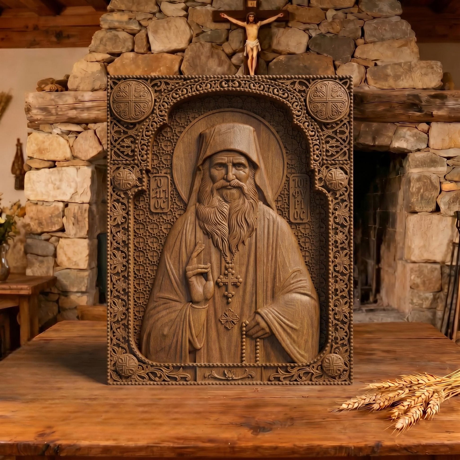 Saint Porphyrios of Kavsokalyvia Wooden Carved Handmade Christian Icon | Byzantine Greek Orthodox Home Art Decor