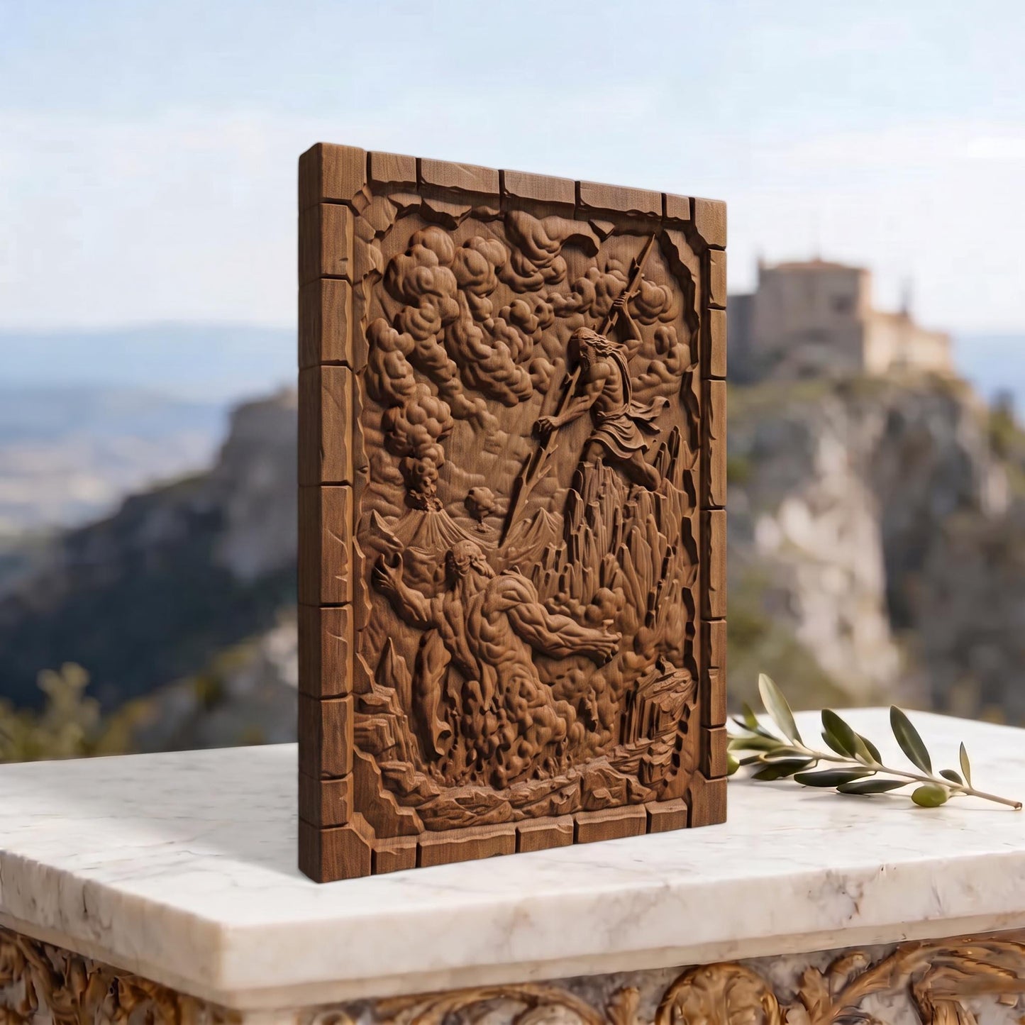 Zeus vs Lava Titan from Ancient Greek Mythology 3D Wooden Bas Relief Panel Art Sculptural Gift Idea Cretan Holy Carvings