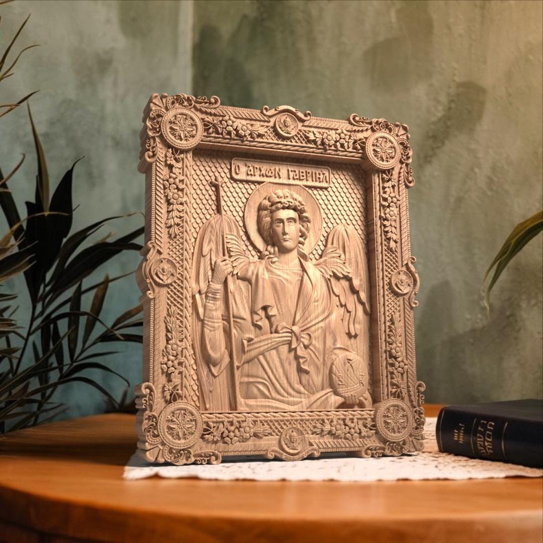 Αrchangel Gabriel Wooden Carved Handcrafted Christian Religious Icon. Byzantine Home Wall Art Decor Gift. Orthodox Greek Woodcarving Sculpture.