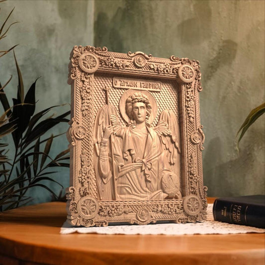 Αrchangel Gabriel Wooden Carved Handcrafted Christian Religious Icon. Byzantine Home Wall Art Decor Gift. Orthodox Greek Woodcarving Sculpture.