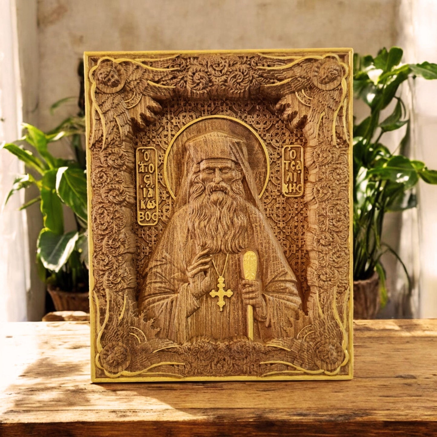 Saint Iakovos Tsalikis Wooden Carved Handcrafted Christian Religious Icon. Byzantine Home Wall Art Decor Gift. Orthodox Greek Woodcarving Sculpture.