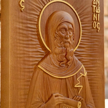 Saint Anthony the Great Wooden Carved Handmade Christian Icon. Byzantine Greek Orthodox Home Decor.
