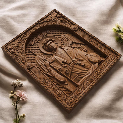 Archangel Gabriel Wooden Carved Handmade Christian Icon | Byzantine Greek Orthodox Home Art Decor