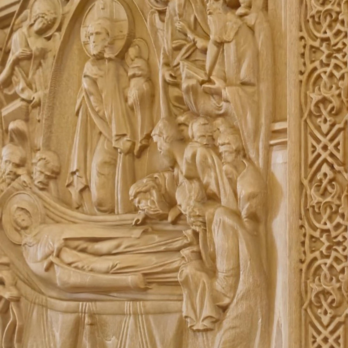Dormition of the Mother of God Wooden Carved Handmade Christian Icon. Byzantine Greek Decor.