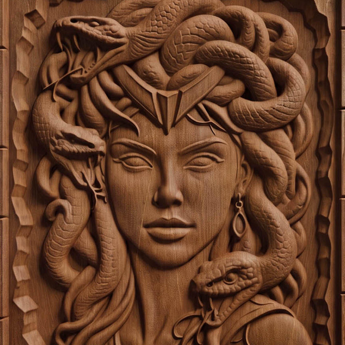Beautiful Medusa from Ancient Greek Mythology 3D Wooden Bas Relief Panel Art Sculptural Gift Idea Cretan Holy Carvings
