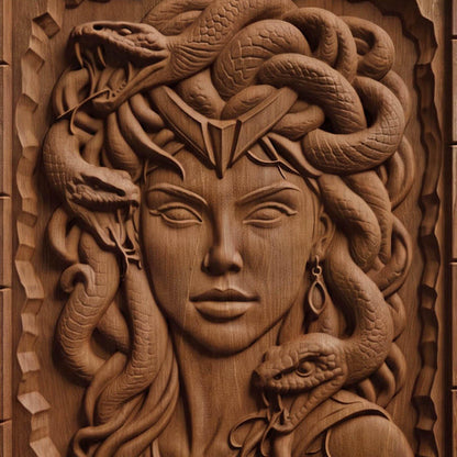 Beautiful Medusa from Ancient Greek Mythology 3D Wooden Bas Relief Panel Art Sculptural Gift Idea Cretan Holy Carvings