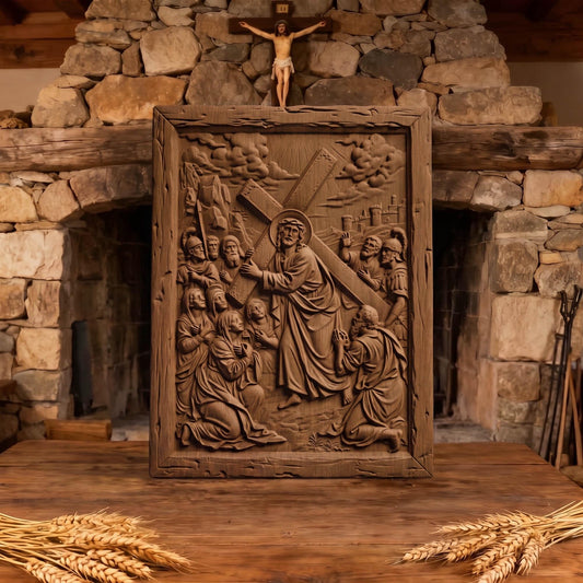 The Way to Mount Golgotha Wooden Carved Handmade Christian Icon  Byzantine Greek Orthodox Home Decor Cretan Holy Carvings