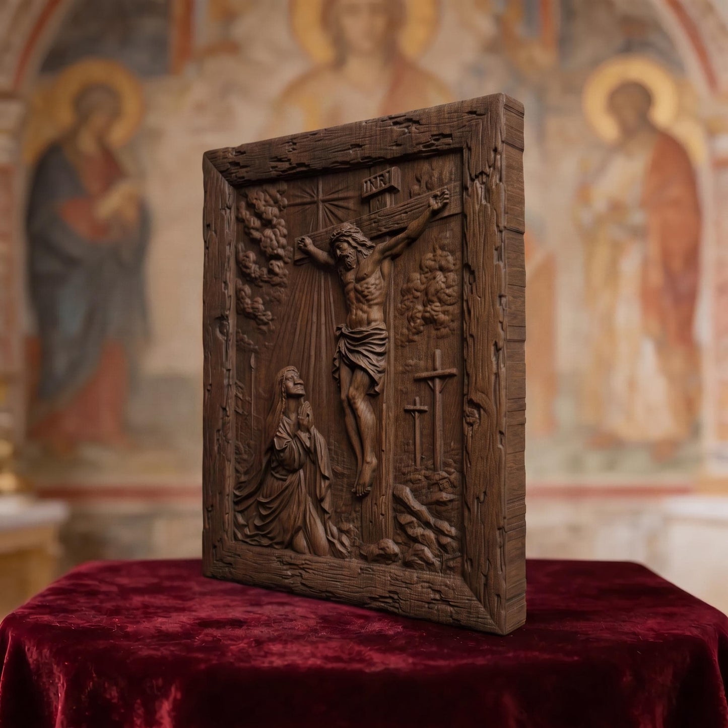 Mother Mary Under the Cross Wooden Carved Handmade Christian Icon  Byzantine Greek Orthodox Home Decor Cretan Holy Carvings