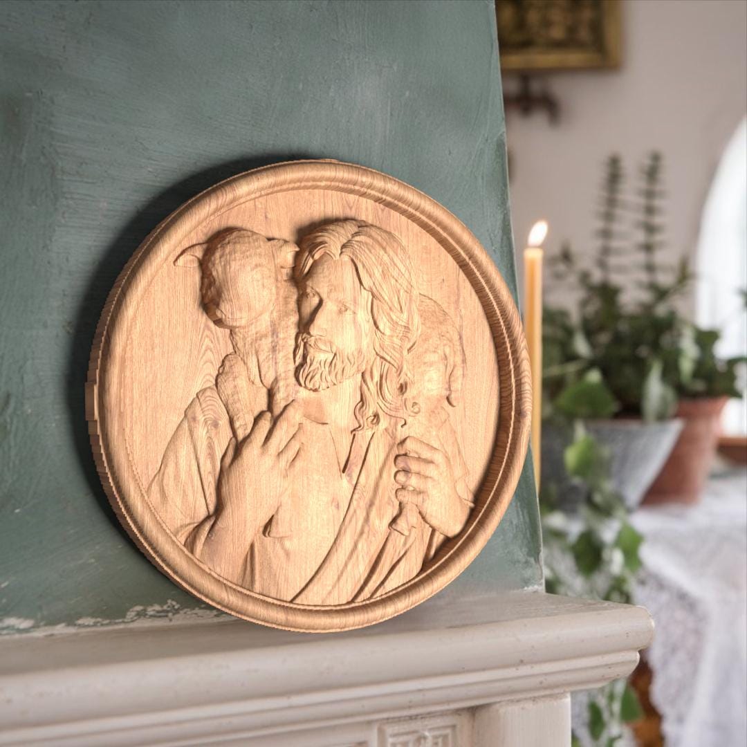 Jesus Christ Carrying Lamb Plate Wooden Carved Handcrafted Christian Religious Icon. Byzantine Home Wall Art Decor Gift. Orthodox Greek Woodcarving Sculpture.