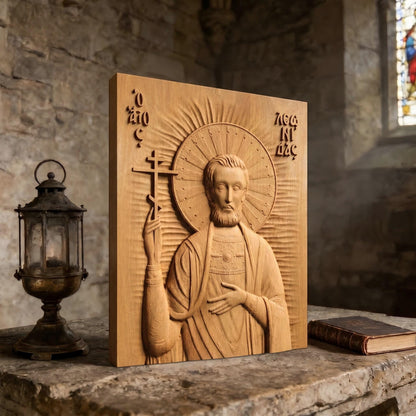 Saint Leonidas Wooden Carved Handmade Christian Icon Left Side Natural Wood Color Cretan Holy Carvings