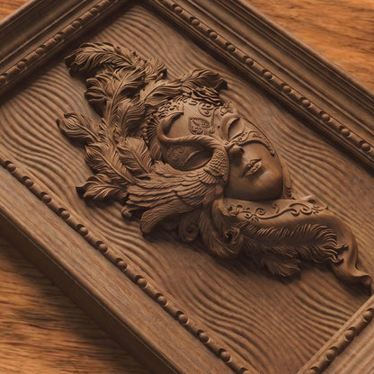 Masked Girl Wooden Bas Relief | Wood Panel Art | Sculptural Gift Idea