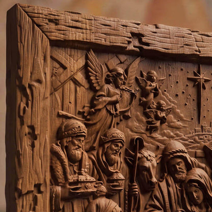 The Birth of Jesus Wooden Carved Handmade Christian Icon  Byzantine Greek Orthodox Home Decor Cretan Holy Carvings