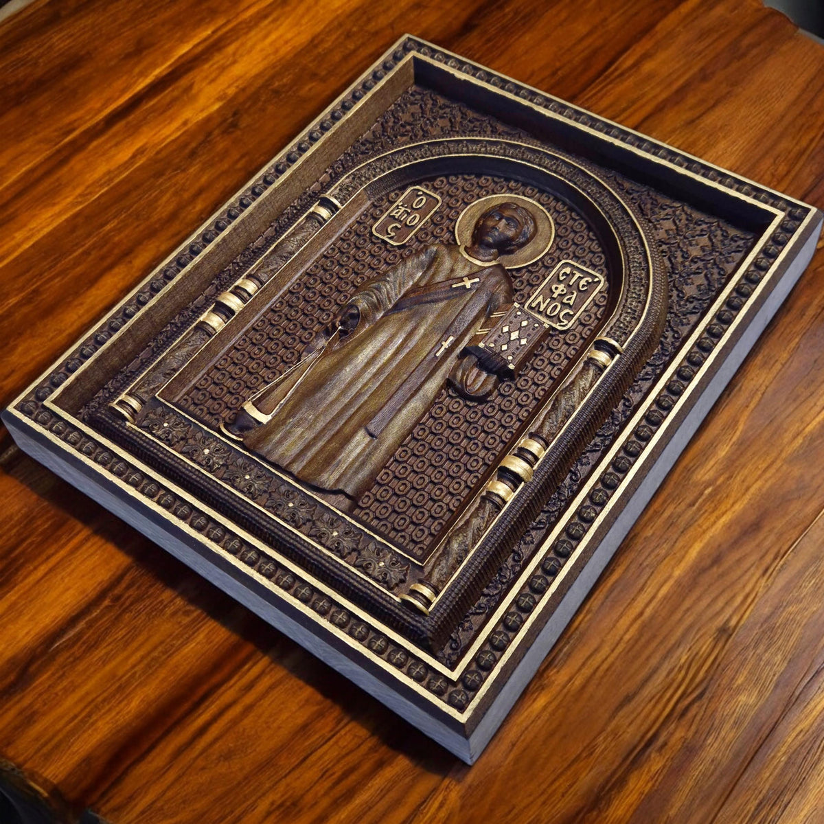 Saint Stephen Wooden Carved Handmade Christian Icon. Byzantine Greek Orthodox Home Art Decor.