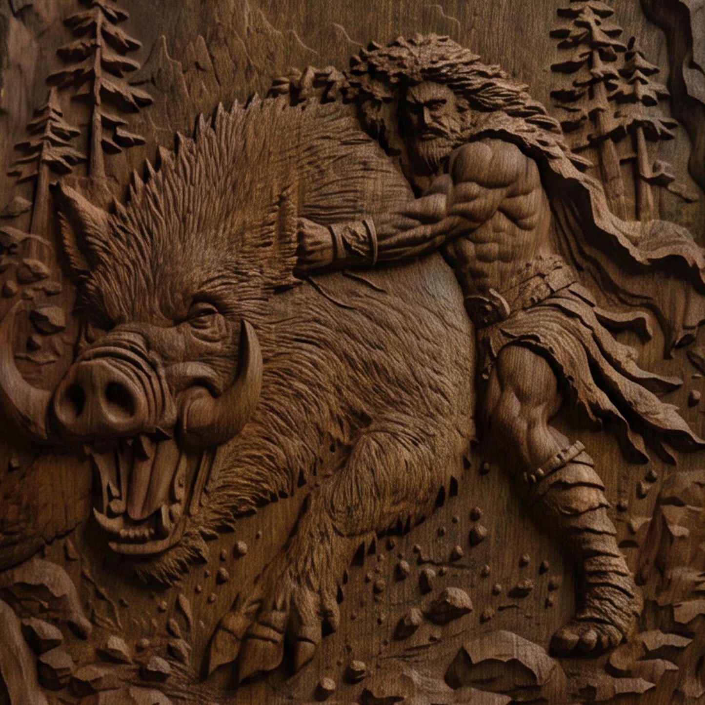Hercules Fighting the Wild Boar from Ancient Greek Mythology 3D Wooden Bas Relief Panel Art Sculptural Gift Idea Cretan Holy Carvings