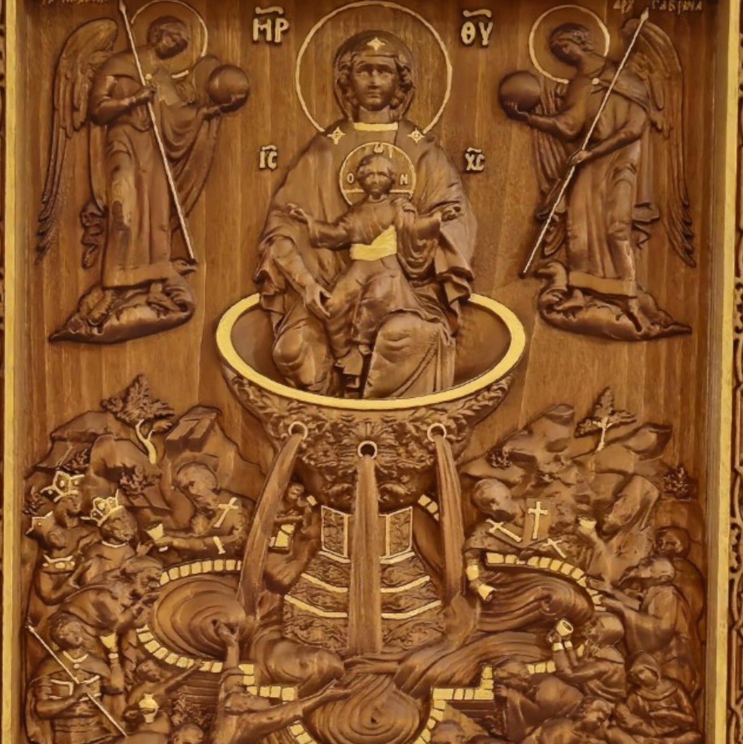 Mother of God Life-giving Spring Wooden Carved Handcrafted Christian Religious Icon. Byzantine Home Wall Art Decor Gift. Orthodox Greek Woodcarving Sculpture.