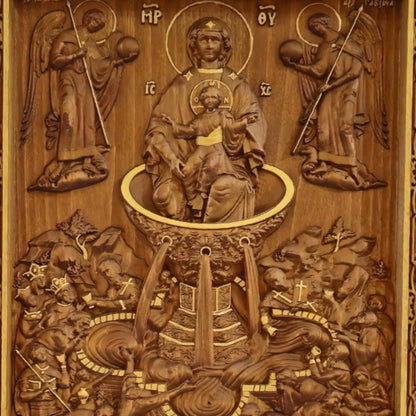 Mother of God Life-giving Spring Wooden Carved Handcrafted Christian Religious Icon. Byzantine Home Wall Art Decor Gift. Orthodox Greek Woodcarving Sculpture.