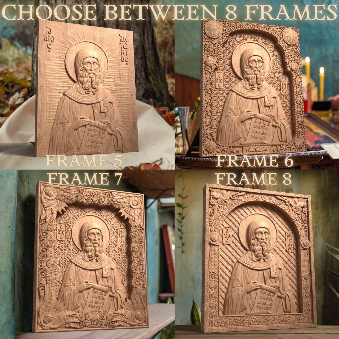 Saint Anthony the Great Wooden Carved Handmade Christian Icon. Byzantine Greek Orthodox Home Decor.