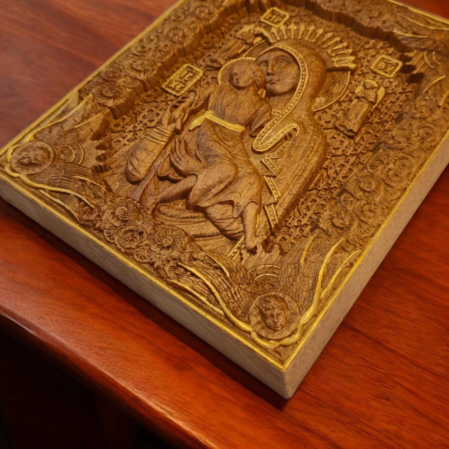 Virgin Mary Mother of God Axion Esti Wooden Carved Handmade Christian Icon. Byzantine Decor.