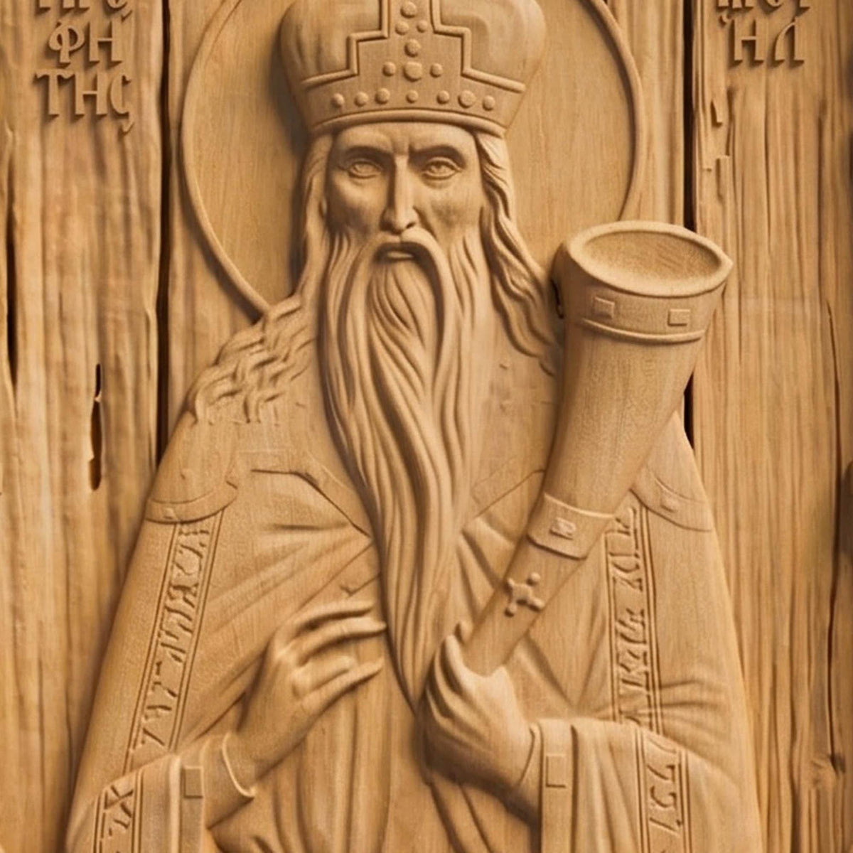 Prophet Samuel Wooden Carved Handmade Christian Icon Front Side Natural Wood Color Cretan Holy Carvings