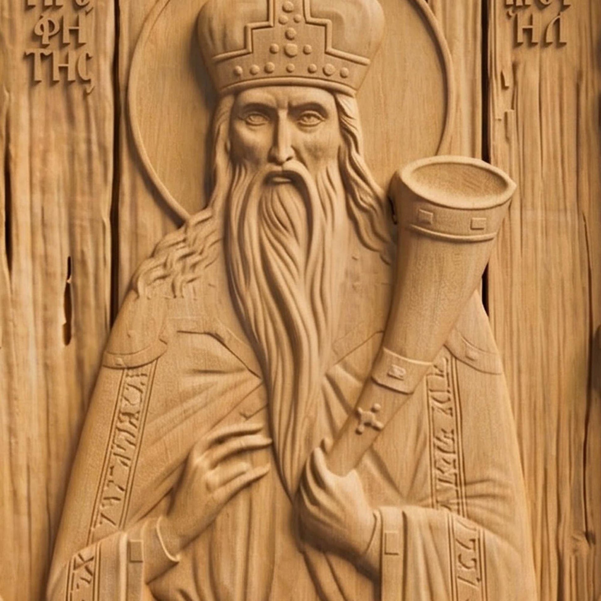 Prophet Samuel Wooden Carved Handmade Christian Icon Front Side Natural Wood Color Cretan Holy Carvings