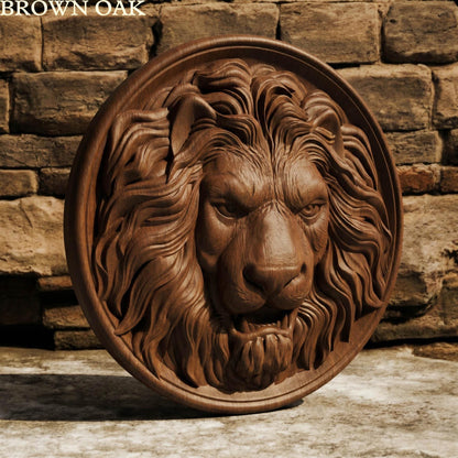 Lion Head in Plate Framed Bas Relief | Wooden Lion Carving | Sculptural Gift Idea