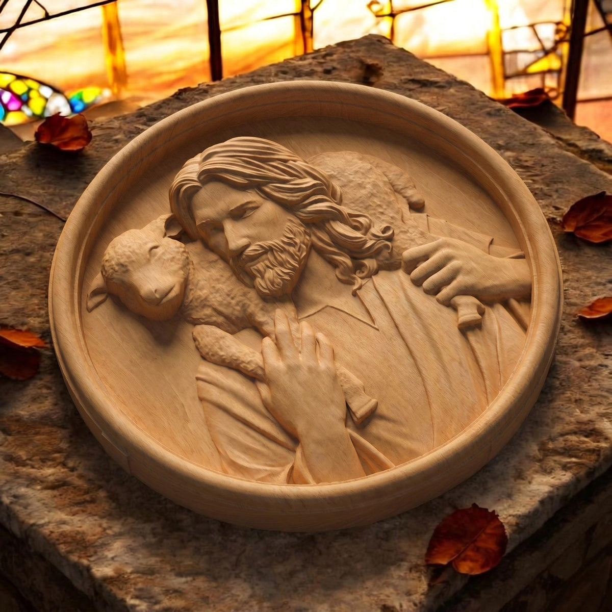 Jesus Christ Carrying Lamb Plate Wooden Carved Handmade Christian Icon Flat Side Natural Wood Color Cretan Holy Carvings