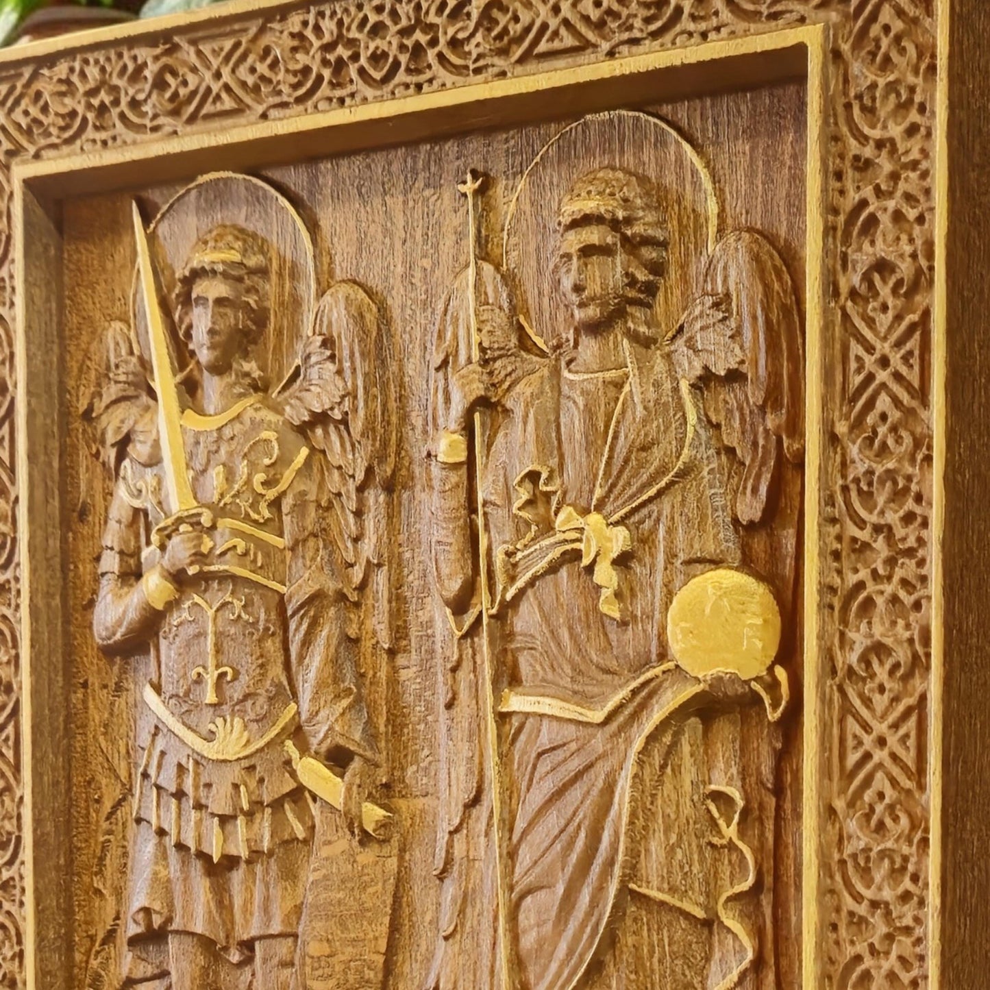 Archangels Michael and Gabriel Wooden Carved Handmade Christian Icon. Byzantine Greek Orthodox Home Decor.