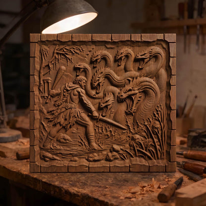 Hercules Fighting the Hydra 3D Wooden Bas Relief Panel Art Sculptural Gift Idea Cretan Holy Carvings