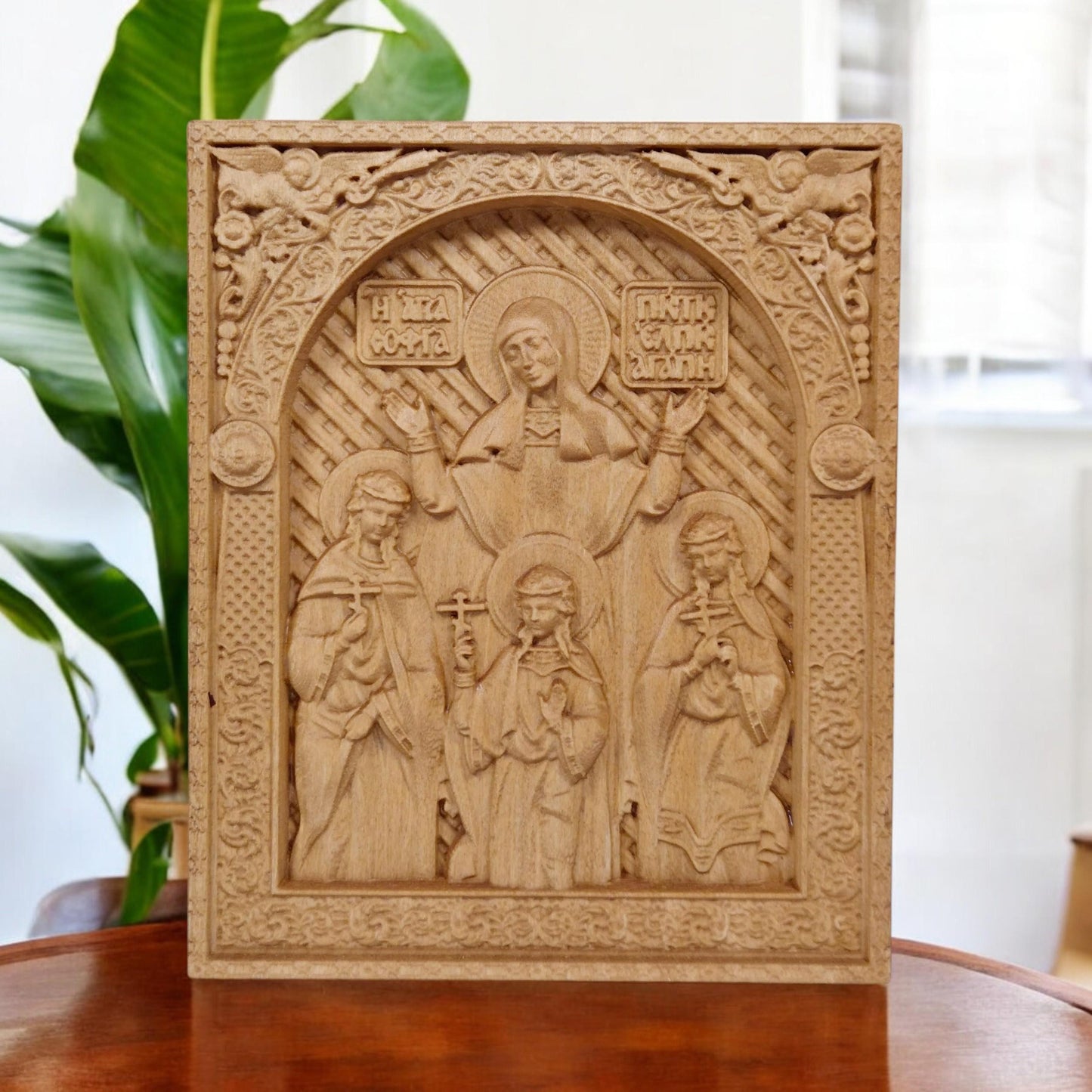 Saints Sophia Faith Hope Love Wooden Carved Handmade Christian Icon. Byzantine Greek Orthodox Decor.