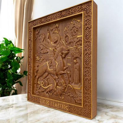 Saint George Wooden Carved Handmade Christian Icon. Byzantine Greek Orthodox Home Art Decor.