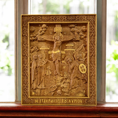 Crucifixion of Jesus Christ Wooden Carved Handcrafted Christian Religious Icon. Byzantine Home Wall Art Decor Gift. Orthodox Greek Woodcarving Sculpture.