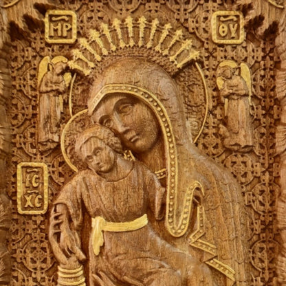 Virgin Mary Mother of God Axion Esti Wooden Carved Handmade Christian Icon. Byzantine Decor.