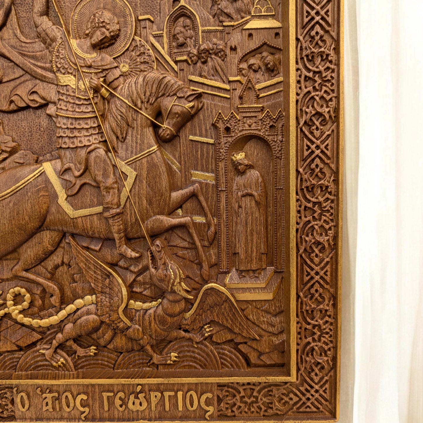 Saint George Wooden Carved Handmade Christian Icon. Byzantine Greek Orthodox Home Art Decor.